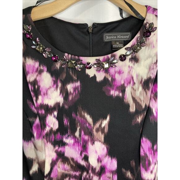 Jessica Howard Women's 12 Fit & Flare Dress Colorful Round Neck Jeweled Stretch - Picture 3 of 10